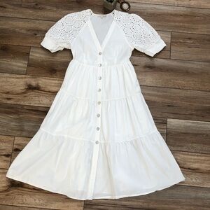 Skies are Blue White Summer Beach Vacation Eyelet Sleeve Front Button Maxi Dress